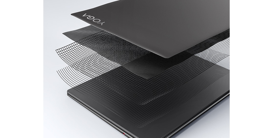 Side view of several layers, including Yoga Slim 7i Carbon laptop top & rear covers, plus carbon fiber mesh layers