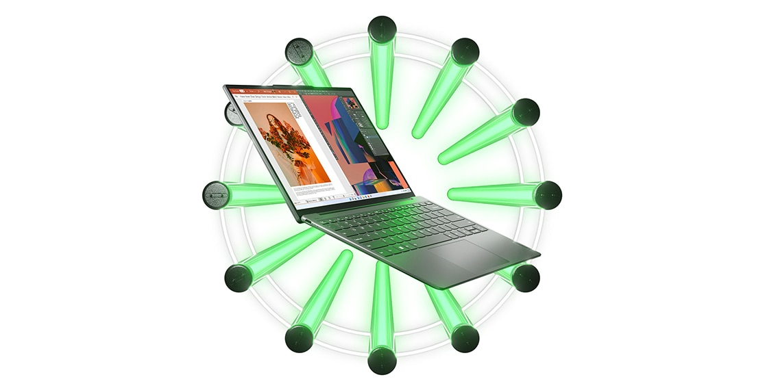 Aerial view of Yoga Slim 7i Carbon laptop, opened 160 degrees, among a series of day-glow green tubes, showing keyboard, trackpad, & display