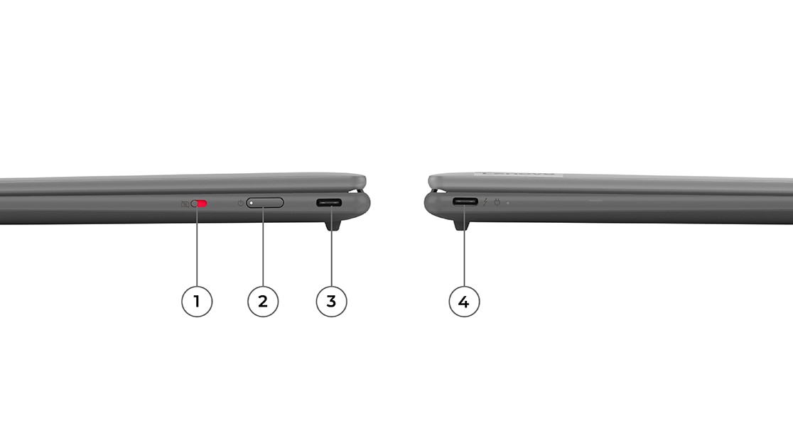 Ліва та права бічні панелі двох ноутбуків Yoga Slim 7i Carbon, пристрої закриті, показано бічні порти