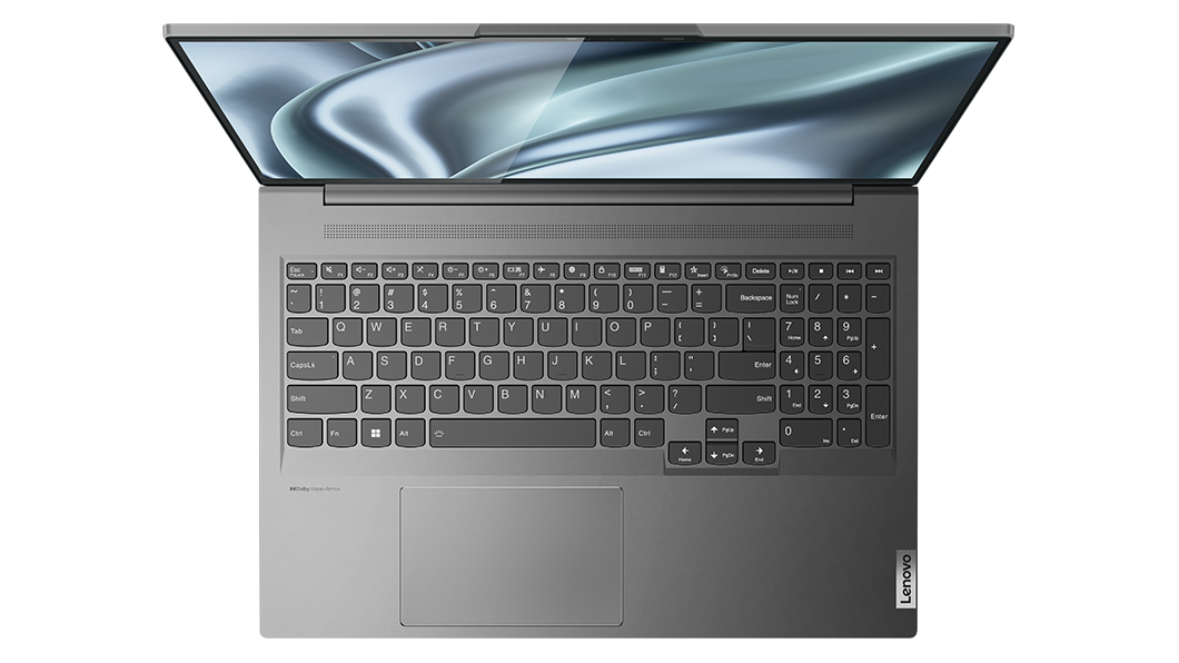 Yoga Slim 7i Pro Gen 7 Notebook, Ansicht von oben nach unten, mit Blick auf Tastatur und Display