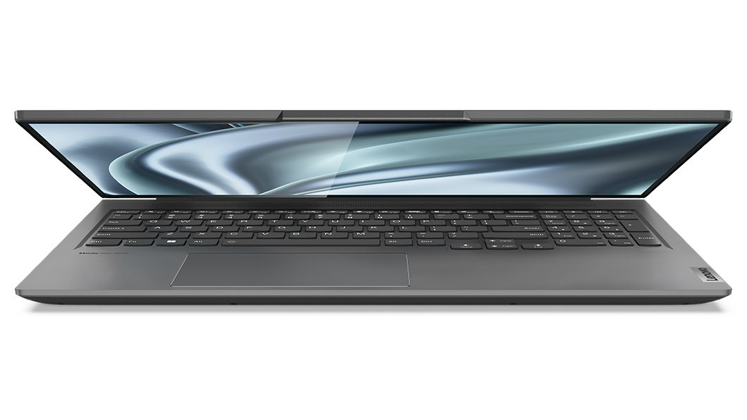 Vista anteriore del notebook Yoga Slim 7i Pro di settima generazione leggermente aperto, che mostra lo schermo e la tastiera