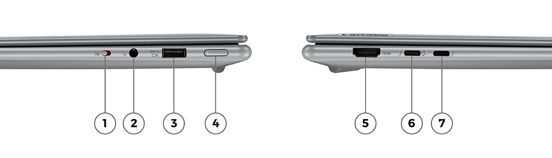Profiluri laterale ale laptopului Lenovo Yoga Slim 7i Pro X Gen 7 (14″ Intel), închis, cu porturile laterale stânga și dreapta.