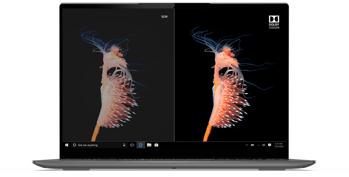 Headshot of Lenovo Yoga Slim 7i (13”) laptop showing a split screen with half in Dolby Vision and half in standard color.