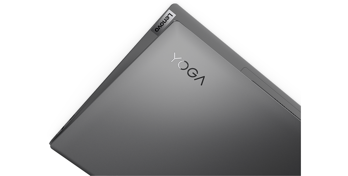 Detail of Lenovo Yoga Slim 7i (13”) laptop corner showing logo. 