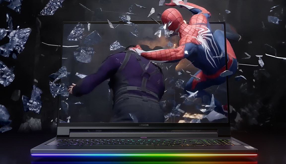 Legion 9i Gen 8 (16″ Intel) with Spider-Man 2 exploding from the screen