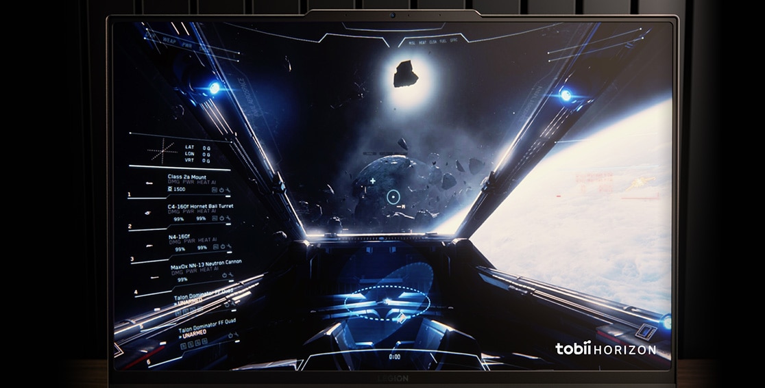 Legion 9i Gen 8 (16″ Intel) Front Facing with a sci-fi flight simulator on screen