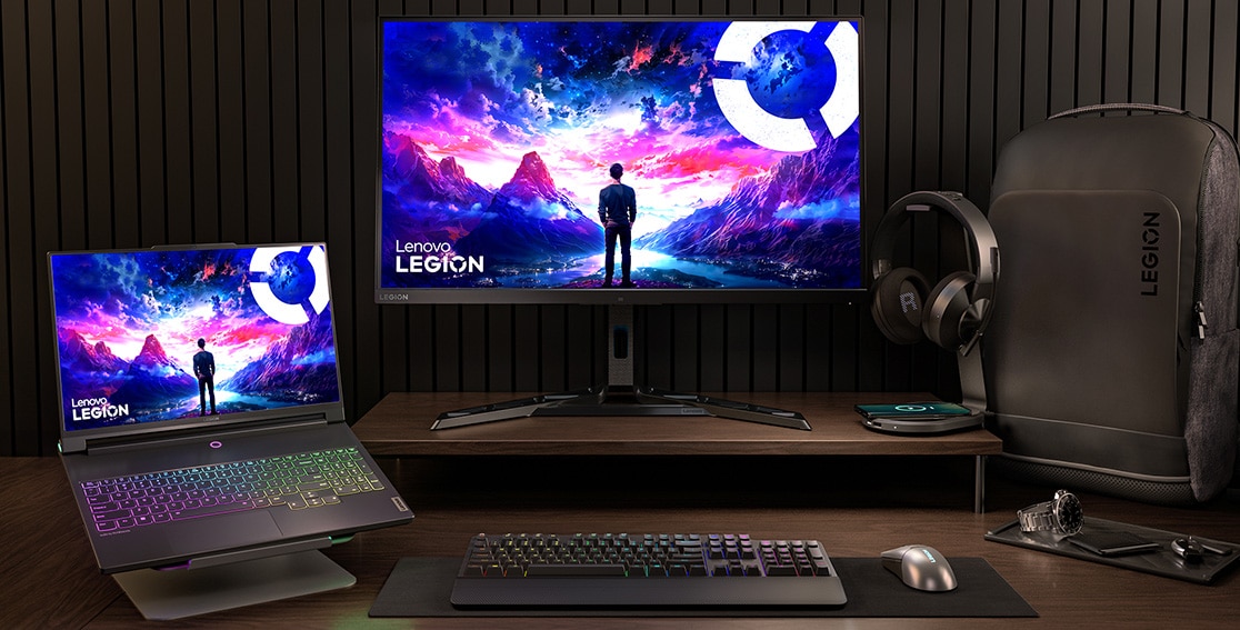 Legion 9i Gen 8 (16″ Intel) at a desk on a laptop stand surrounded by Legion accessories family