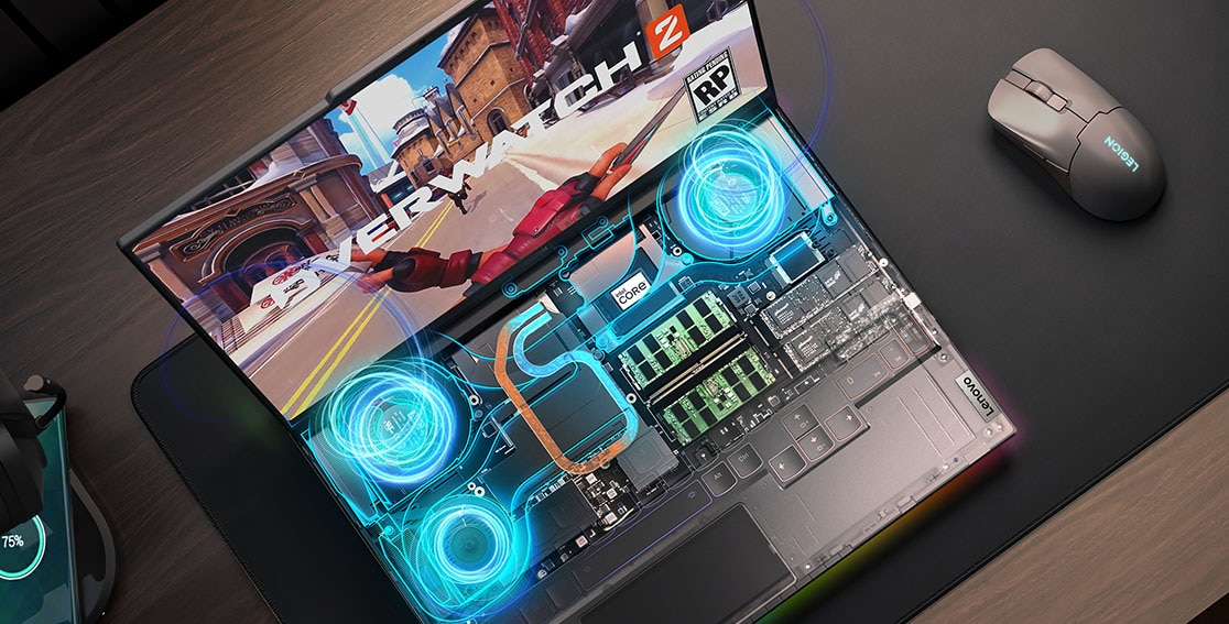 Legion 9i Gen 8 (16" Intel) với kết xuất hệ thống làm mát bên trong với Overwatch 2 trên màn hình