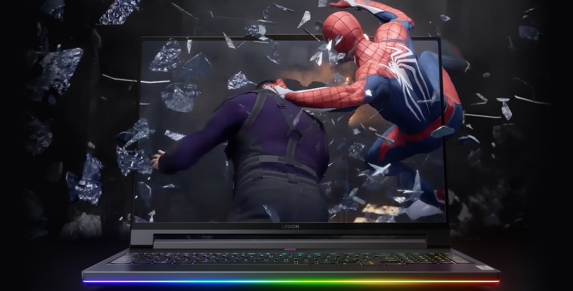 Legion 9i Gen 8 (16″ Intel) front facing with Spider-Man game exploding from the screen