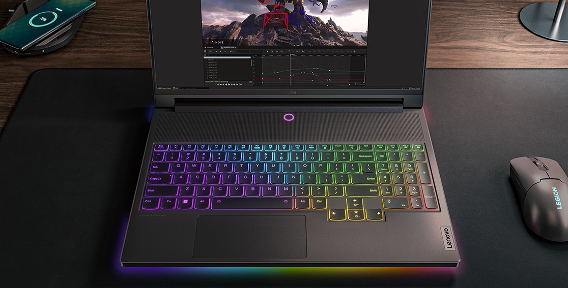 Legion 9i Gen 8 (16″ Intel) front facing with closeup of the RGB-lit keyboard