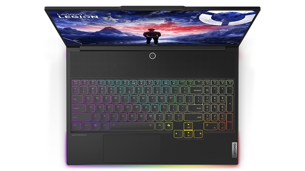 Legion 9i (16″ Intel) top view of keyboard with RGB lighting turned on