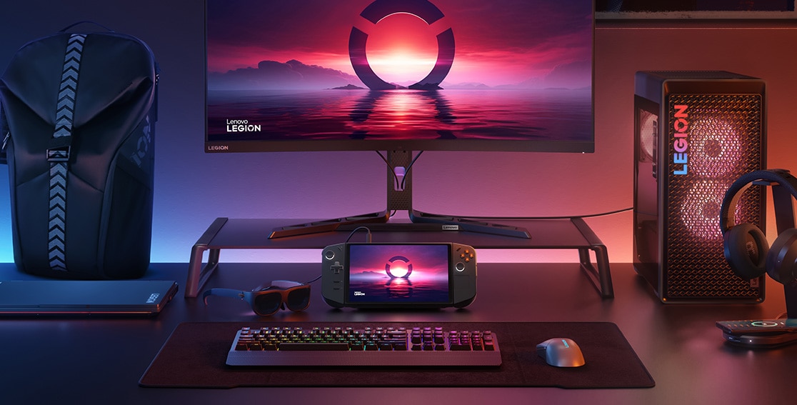 Legion Go on desk with other Legion products