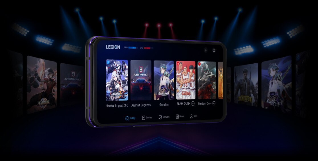 Lenovo Legion Phone Duel 2 in Ultimate Black, front-facing and horizontal, screen on with Legion Realm displayed