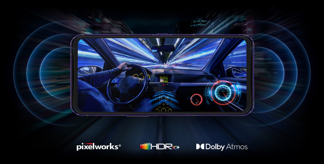 Lenovo Legion Phone Duel 2 in Ultimate Black, front-facing and horizontal, screen on with racing game displayed