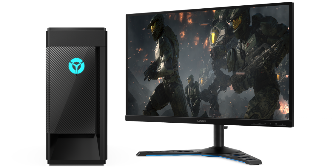 A Lenovo Legion Tower 5i, alongside a standalone monitor showing fighters in action