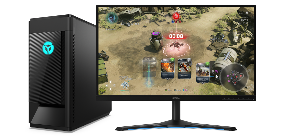 A Lenovo Legion Tower 5i and a standalone monitor, showing a battle game in action