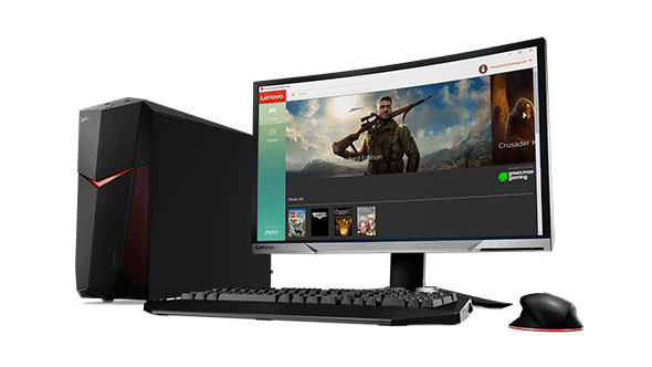 Lenovo Legion Y520 Desktop, front right side view with monitor, keyboard, and mouse