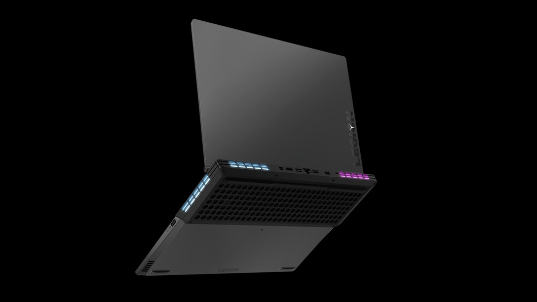 Lenovo Legion Y740-15 open 145 degrees, back right angle view.