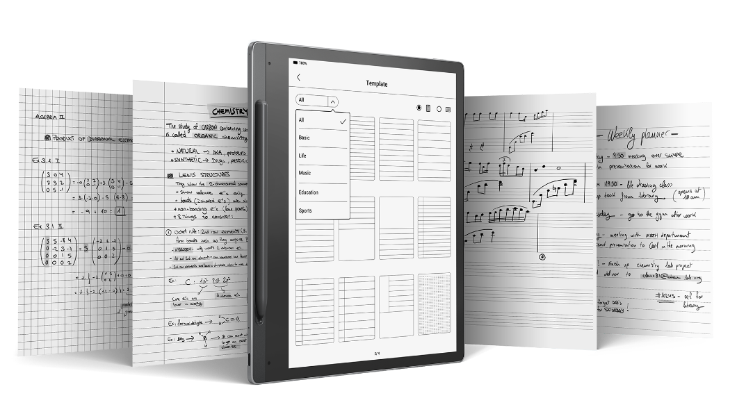 Lenovo Smart Paper avec Lenovo Smart Pen, posée verticalement, parmi divers modèles de bloc-notes tels que des feuilles de musique ou de mathématiques