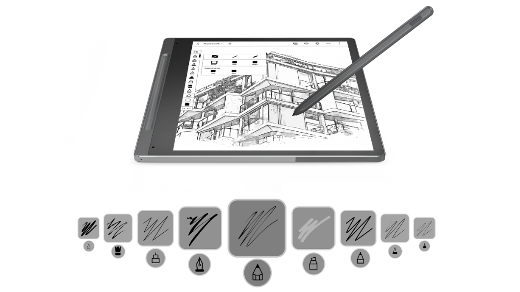 Vue avant de la Lenovo Smart Paper et du Lenovo Smart Pen, avec écran E-Ink de 26,16 cm (10,3