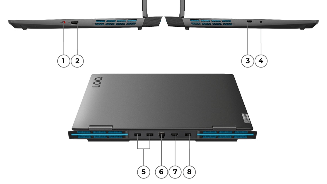 Left, right and back profile view of Lenovo LOQ 16APH8 laptop ports