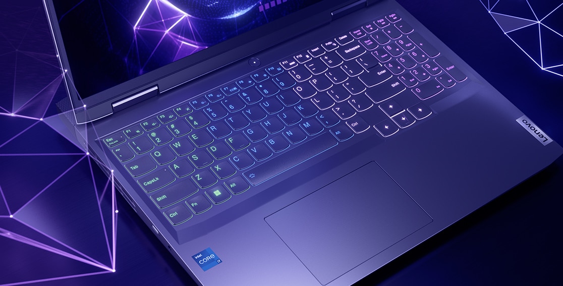 Lenovo LOQ 16IRH8 gaming laptop—closeup of keyboard, backlit with optional 4-zone RGB lighting