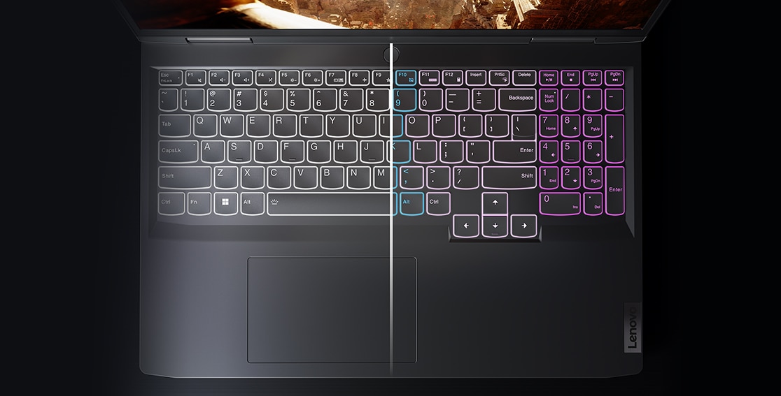 Lenovo LOQ 16IRH8 gaming laptop—closeup of keyboard showing white backlighting on left half and optional RGB backlighting on right half