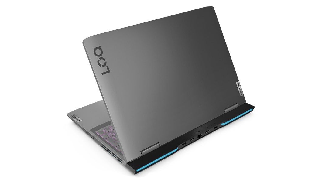 Lenovo LOQ 16IRH8 gaming laptop—rear-right view, lid open