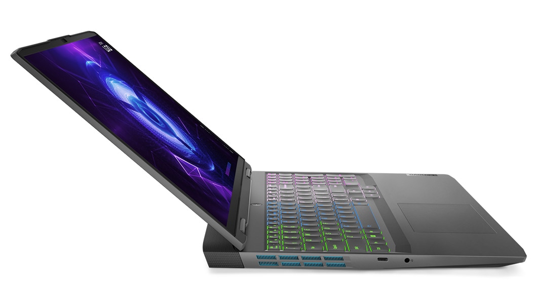Lenovo LOQ 16IRH8 gaming laptop—left view, lid open, angled to partially show keyboard and display