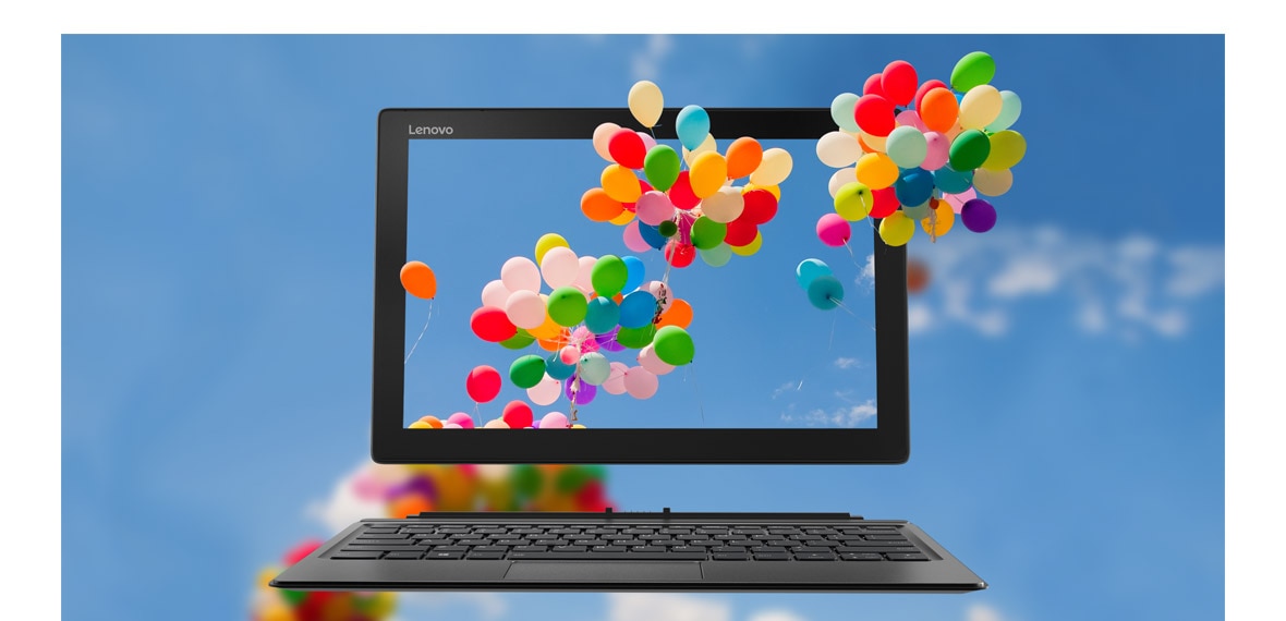 Lenovo Miix 520 2-in-1 - A animated shot showing colorful balloons floating thru' the  12