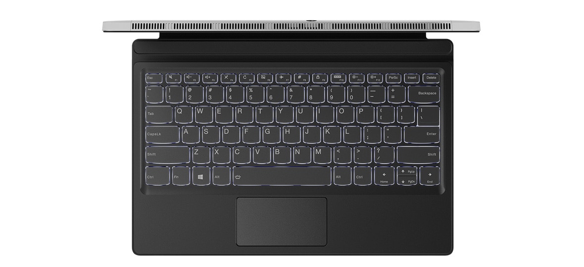 Lenovo Miix 520 2-in-1 - Overhead shot of the white backlit keyboard