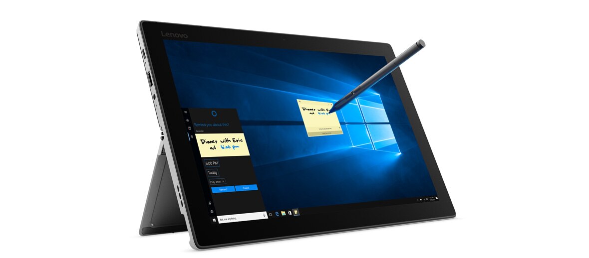 Lenovo Miix 520 2-in-1 - Side-shot of the laptop in stand mode, with Active Pen
