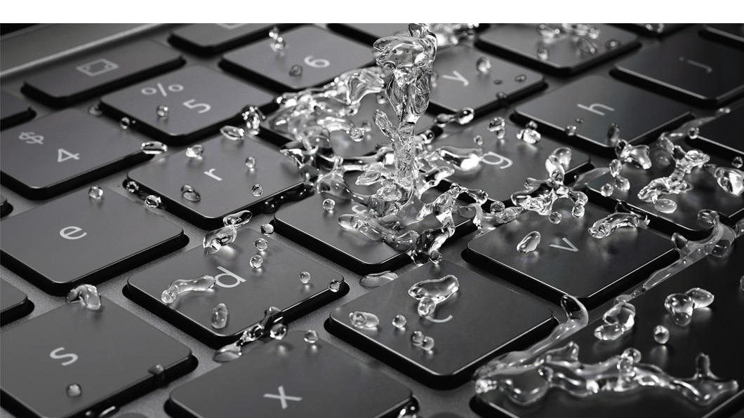 Lenovo N23 Yoga Chromebook, water splashing on keyboard detail
