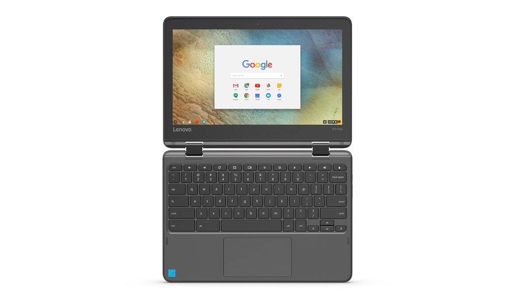 Lenovo N23 Yoga Chromebook open 180 degrees, display and keyboard view