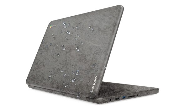 Lenovo N42 Chromebook, back left side view with graphic showing water resistance