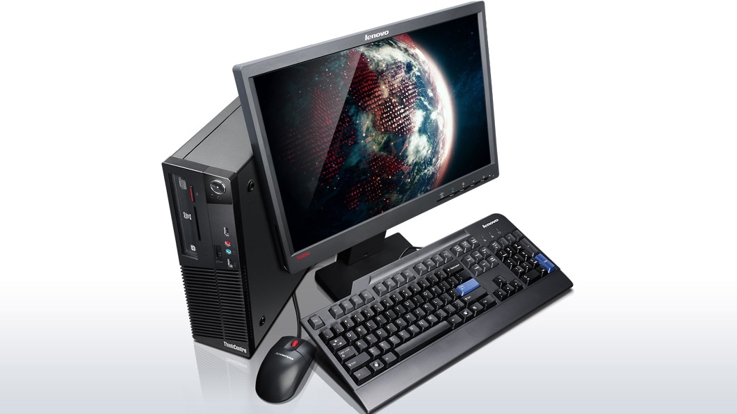 Lenovo ThinkCentre M73 SFF Desktop, front overhead view with peripherals