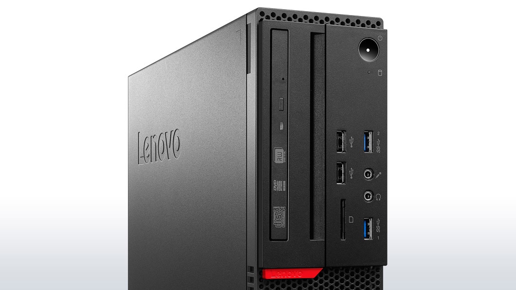 Lenovo ThinkCentre M900 SFF Desktop, front detail view of ports and optical drive