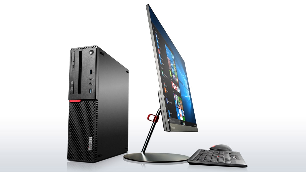 Lenovo ThinkCentre M900 SFF Desktop, front right side view beside peripherals