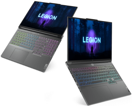 Two Lenovo Legion Slim Series laptops next to each other with a Lenovo Legion image displayed on the screens.
