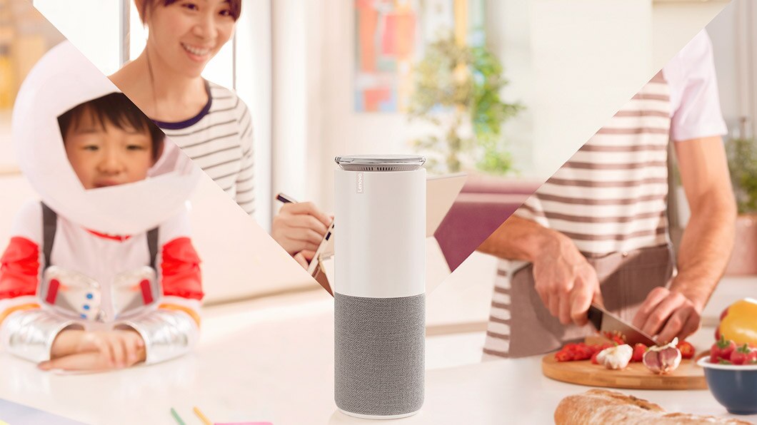 Shot of the Lenovo Smart Assistant on a kitchen surface, with a woman preparring food while both she and her son listen to the Smart Assistant