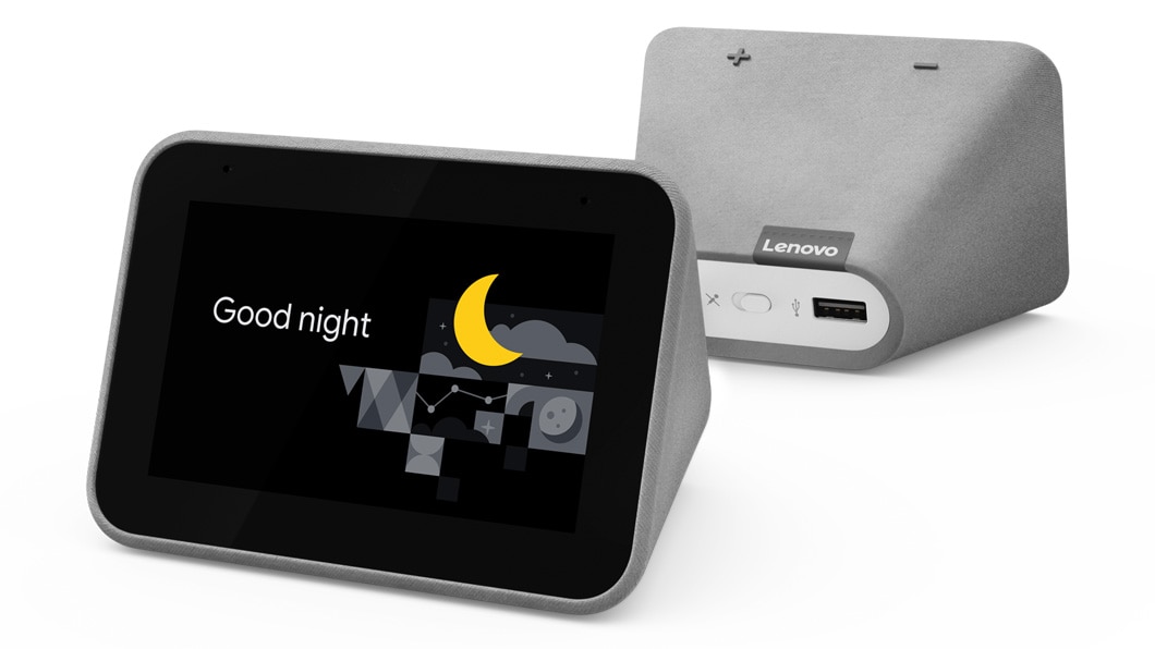 Side shots of the Lenovo Smart Clock with the Google Assistant, showing the back and front