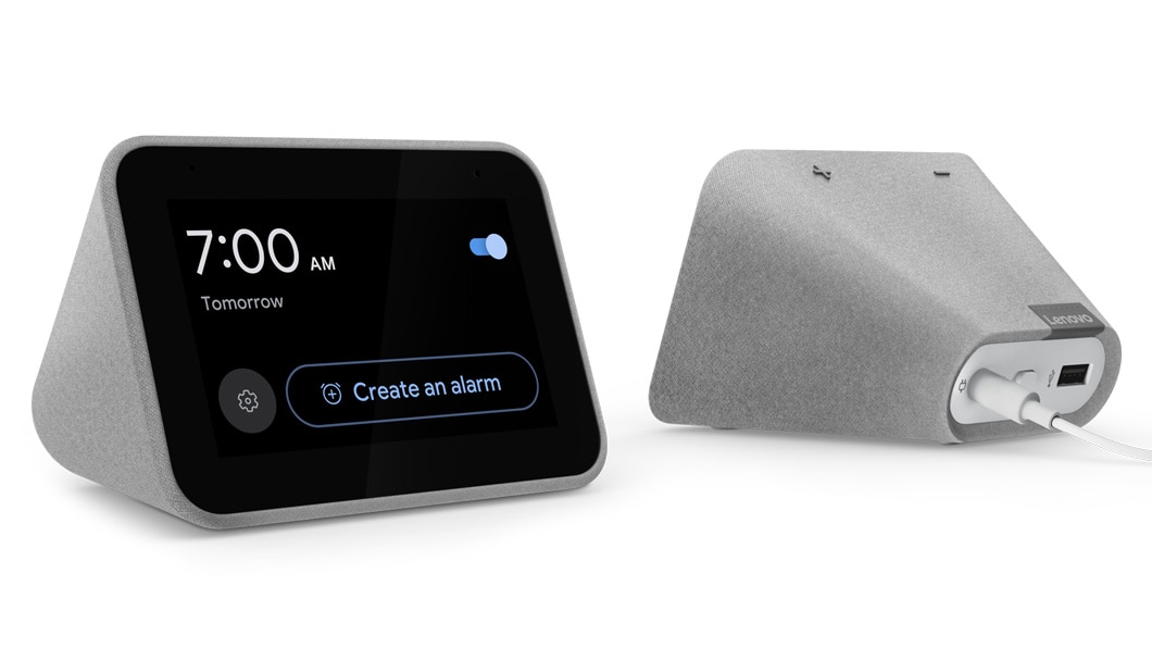 Front and back shots of the Lenovo Smart Clock with the Google Assistant 