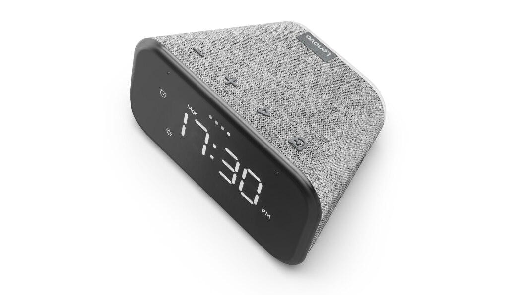 Lenovo Smart Clock Essential top view of volume, play, and alarm clock buttons
