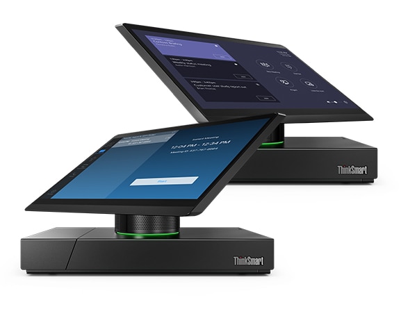 Two ThinkSmart Hub 500 devices, one showing Microsoft Teams, the other Zoom Rooms