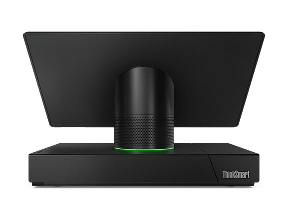 A rear view of the ThinkSmart Hub 500 with the green light on