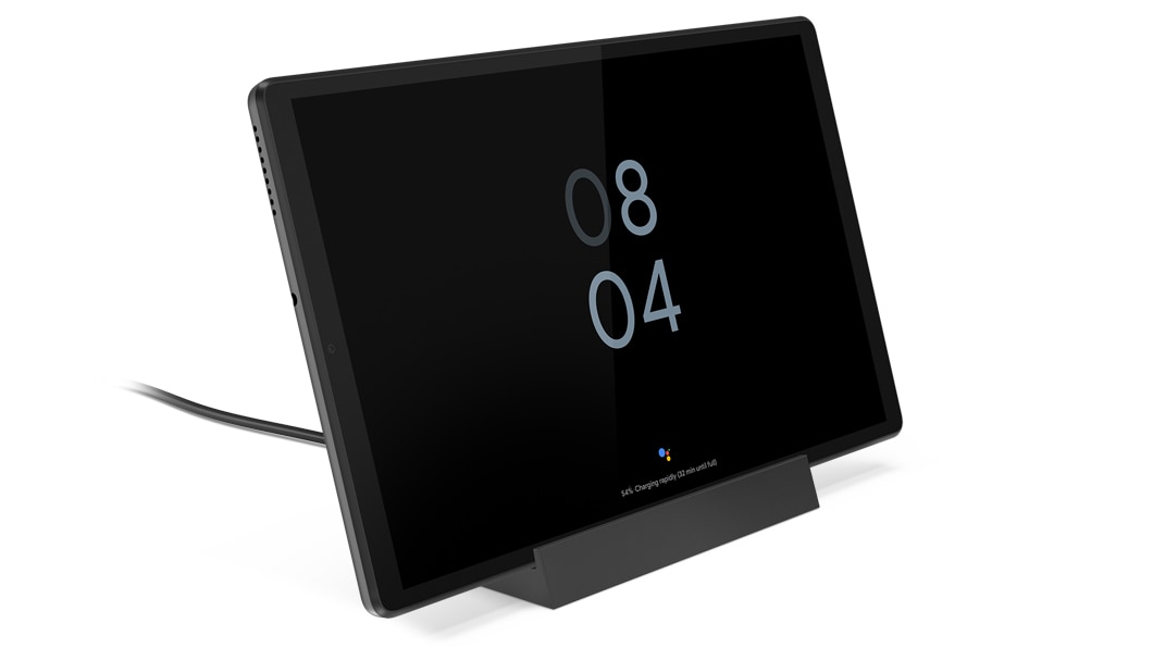 Vista laterale di Lenovo Smart Tab M10 FHD Plus (seconda generazione) collegato a un hub smart home