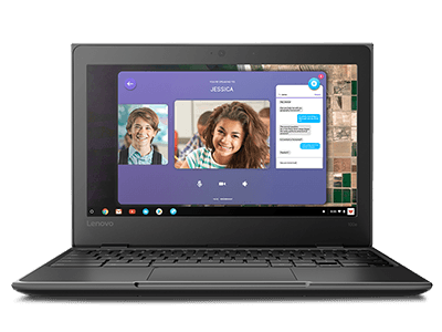 Lenovo Chromebook 300e with two people in a conference app on the display
