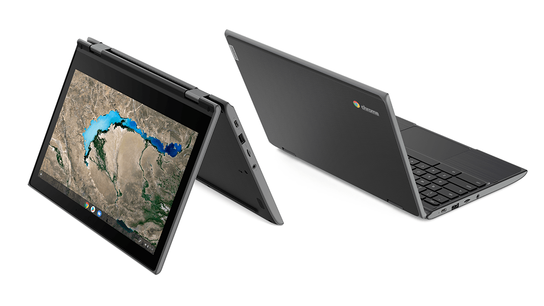 De Lenovo 300e Chromebook 2e generatie AST-laptop, staande tabletvorm en achteraanzicht