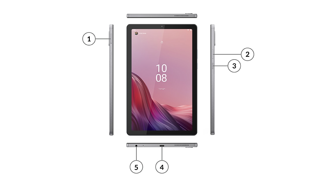 Front-facing and side profile view of Lenovo Tab M9 tablet ports