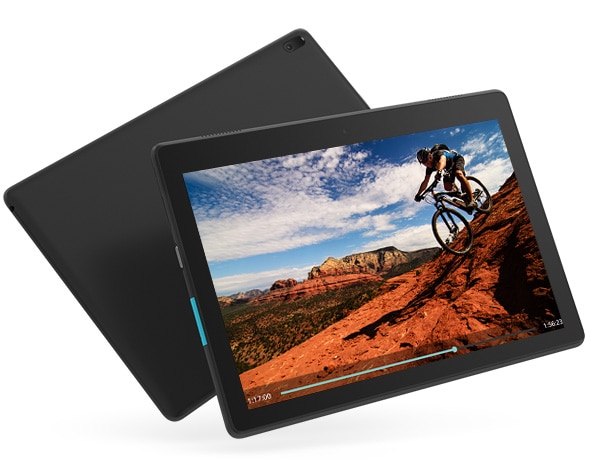 Lenovo Tab E10, front and back views, with video playing on display.